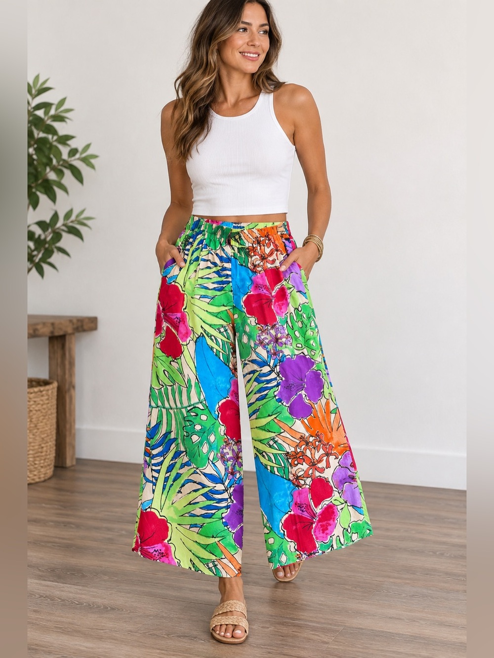 Vintage Jams World Tropical Rayon Cropped Wide Leg Pants XS